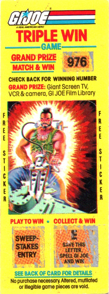 GI JOE TRIPLE WIN GAME Vintage Action Figure Scratch Off w//Sticker BUZZER 1985