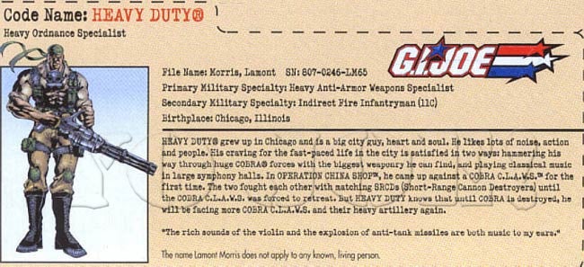 G I JOE File Card Filecard       2004 Heavy Duty V8