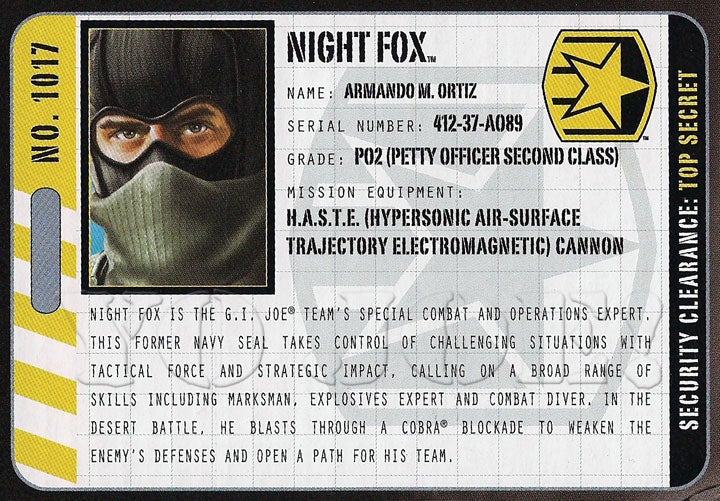 Filecard    2015 Night Fox V3 G I JOE File Card I.D English/French 50th 