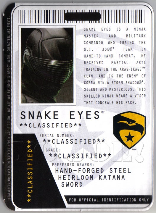 Filecard         2010 Snake Eyes V51 G I JOE File Card I.D
