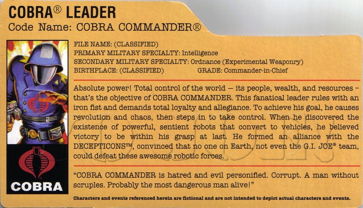 Filecard     2012 Cobra Commander V49a Premier Pack G I JOE File Card I.D 