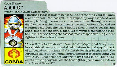 GIJoe Cobra 1988 AVAC V1 Mail Away Red Back Reproduction File Card 