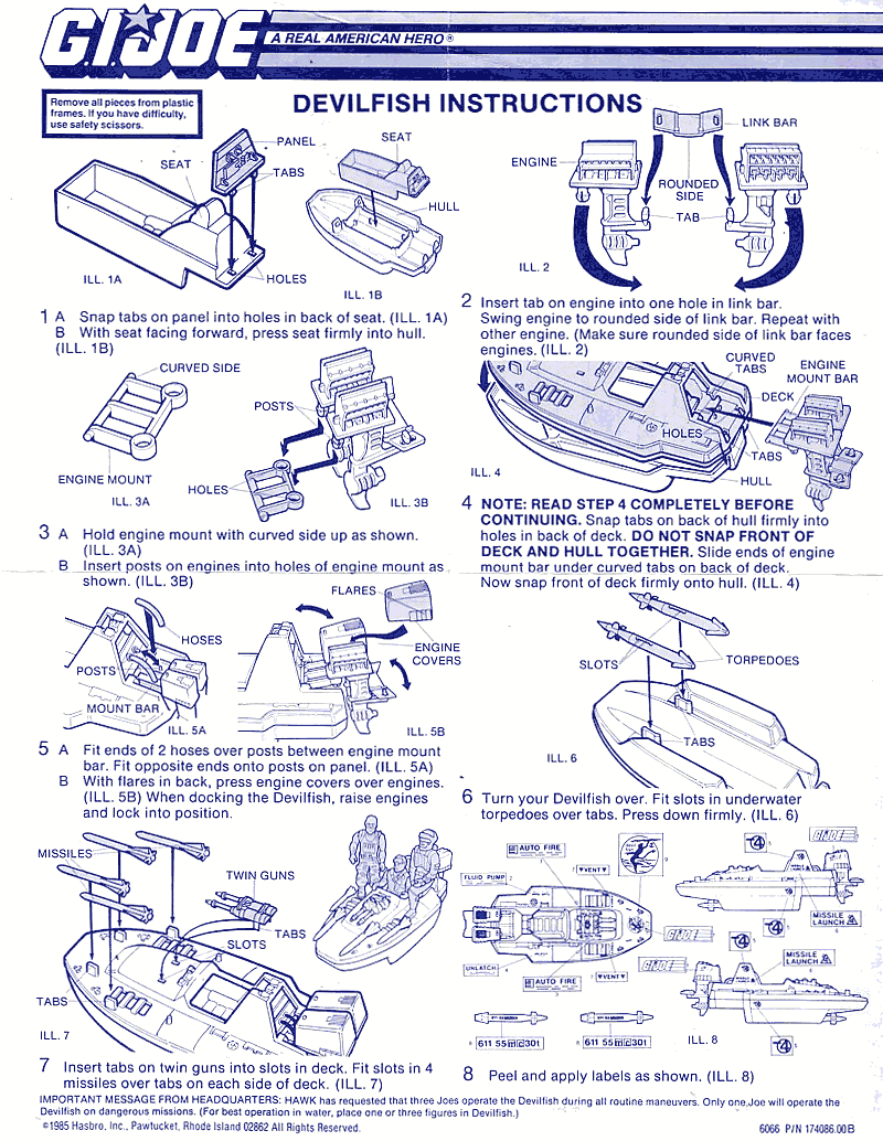 JOE COBRA Blueprints Instructions Vintage Original Details about   Devilfish 1986 G.I